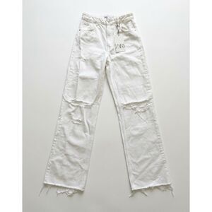 Zara New With Tag High Rise Wide Leg Distressed White Jeans Size 4